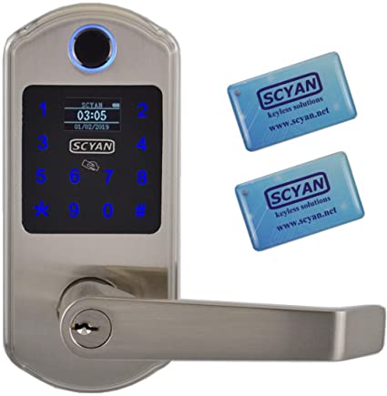 SCYAN X5 Fingerprint Touchscreen Key Fob Door Lock with OLED Display in Satin Nickel, Non-Handed