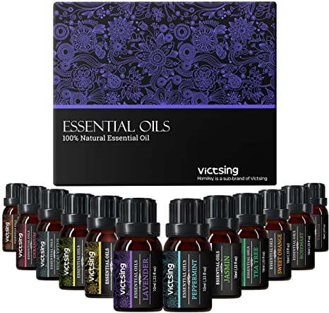 VicTsing Essential Oils Set, 12 Packs 10ml Aromatherapy Secented Oil Kit Top 10 Pure of the Oils Peppermint, Tea Tree, Sweet Orange, Lemongrass, Lavender, Eucalyptus & More