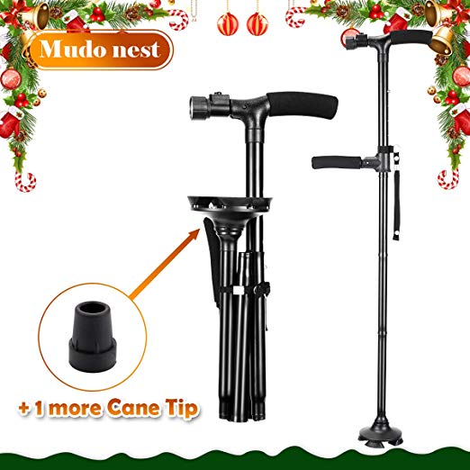 Folding Walking Cane with LED Light with Carrying Bag by Mudo nest, Adjustable Walking Stick Canes for Men and Women, 360° Pivoting Base   1 Single Cane Tips,for Fathers Mothers Christmas Gifts