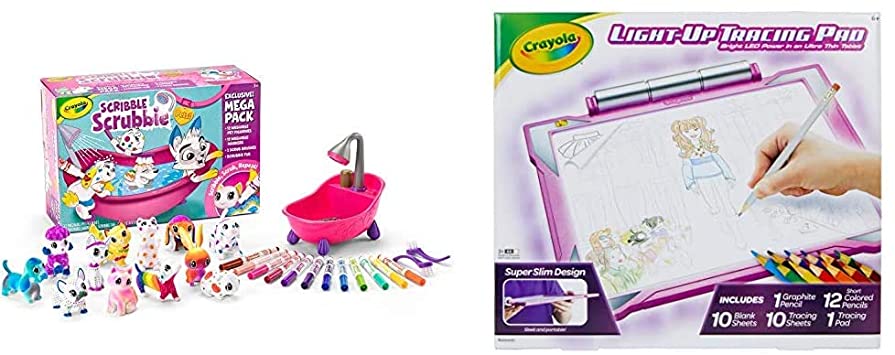 Crayola Scribble Scrubbie Pets Mega Pack, Animal Toy for Kids, Gift, Age 3  & Light Up Tracing Pad Pink, Toys for Girls & Boys, Gift for Kids, Age 6