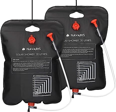 Navaris Solar Shower Bag 20L - 2x Solar Heating Camping Shower Bag with Shower Head, Hose, Tap Head - For Ideal Travelling, Hiking, Backpacking