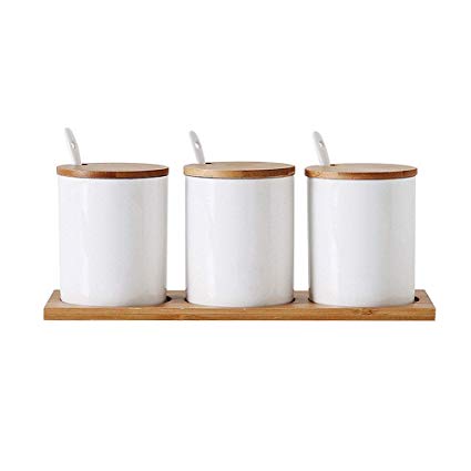 VanEnjoy Ceramic Sugar Spice Containers Porcelain Jar with Bamboo Lids, Tray and Spoons Round Condiment Jar for Home Set of 3 (Big white cylindrical)