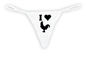 Sexy Funny Women's White Thong G-string: Black "I LOVE COCK"