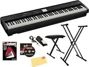 Roland FP-E50 Digital Piano Bundle with Adjustable Stand, Bench, Deluxe Sustain Pedal, Piano Book, Instructional DVD, Online Piano Lessons, and Austin Bazaar Polishing Cloth - Black