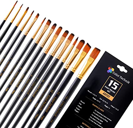 Color Technik Paint Brush Set, 15 Artist Quality Paint Brushes for Painting Acrylic, Watercolor, Gouache, Oil, Face Paint etc. Hand Made, Taklon Hair, Round, Flat, Filbert, Angle and Rigger