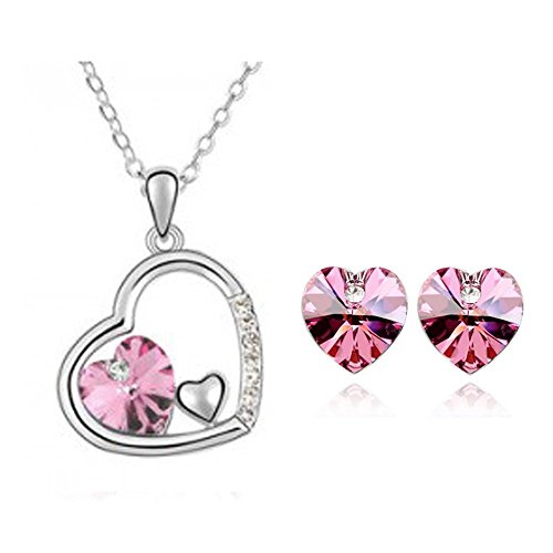 Neevas Austrian Crystal Heart Pendant Necklace Chain & Earrings Wedding Jewellery Set