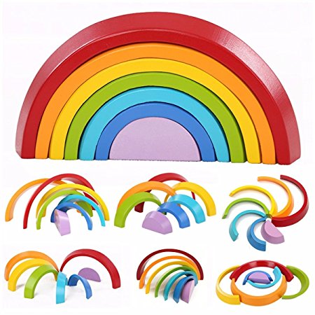 KINGSO 7pcs Wooden Rainbow Learning Toy Geometry Building Blocks Educational Puzzle Toy