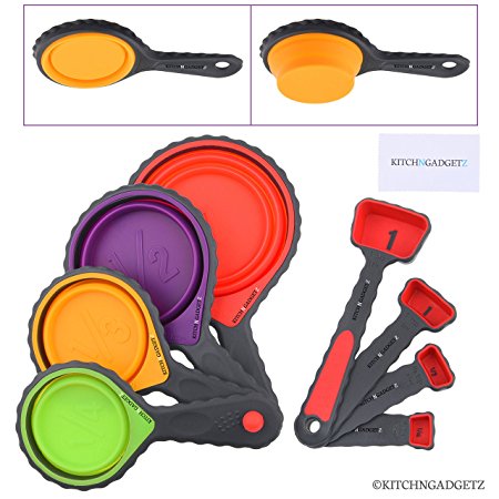 Set of 4 Collapsible Silicone Measuring Cups and 4 Measuring Spoons - Space Saving Design - Includes: 1/4 Tsp, 1/2 Tsp, 1 Tsp, 1 Tbsp, 1/4 cup, 1/3 cup, 1/2 cup, 1 cup - Easy to Clean/Dishwasher Safe