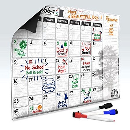 Designer Magnetic Calendar for Refrigerator | Free Magnetic Markers and Spray Cleaner | Dry Erase White Board For Kitchen Fridge With Strong Magnet | 17"X12" | Beautiful Designer Background