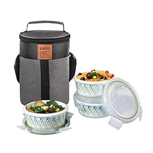 CELLO Bubble Drop Opalware Lunch Box with Jacket, 3 Containers Lunch Box, 300ml, White