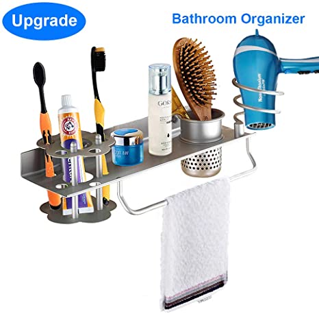 Hair Dryer Holder Wall Mount, Towel Toothbrush Toothpaste Perfume Comb Blow Dryer Holder Organizer Storage Hanging Shelf Rack Stand, Bathroom Organizer with Towel Holder, Upgrade Space Aluminum