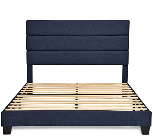 Allewie Navy Blue Queen Size Platform Bed Frame with Fabric Upholstered Headboard and Strong Wooden Slats, Fully Upholstered Mattress Foundation/Box Spring Optional/Easy Assembly
