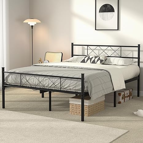 VECELO Queen Size Bed Frame with Headboard, Heavy-Duty Platform/Mattress Foundation with Metal Slats Support, No Box Spring Needed/Easy Assembly, Matte Black