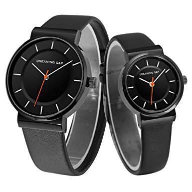 Valentines' Unisex Black Pair Watches, His and Hers Dress Wristwatches for Men Women - Simple Style, Real Leather Strap (Set of 2)
