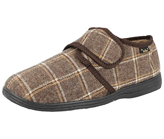 Dr Keller Mens Tartan Check Warm Fur Fleece Lined Adjustable Strap Wider Fit Memory Foam Slippers Size 6-12