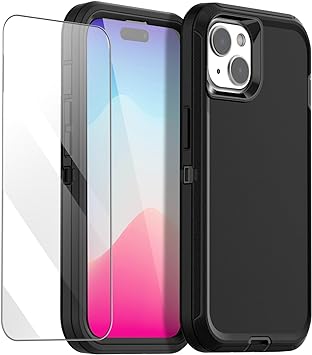AICase Compatible with iPhone 15 Plus Case with Glass Screen Protector, Heavy Duty Rugged Shockproof/Drop/Dust Proof 3-Layer Full Body Protective Tough Durable Phone Cover, Black