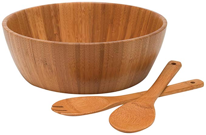 Lipper International 8208-3 Bamboo Wood Salad Bowl with Server Utensils, 11.75" Diameter x 4" High, 3-Piece Set