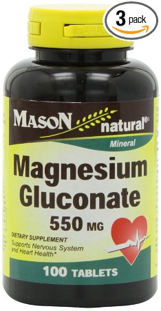 Mason Vitamins Magnesium Glucunate 550Mg Tablets, 100-Count Bottles (Pack of 3)