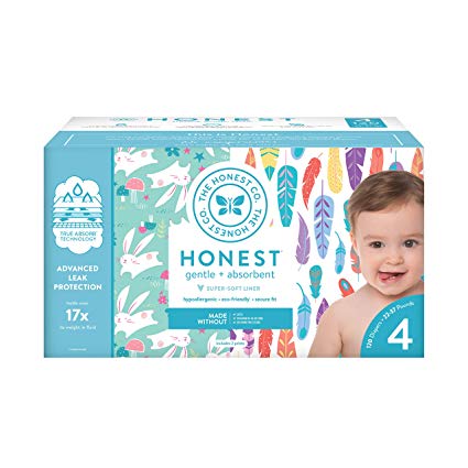 The Honest Company Super Club Box Diapers with TrueAbsorb Technology, Painted Feathers & Bunnies, Size 4, 120 Count