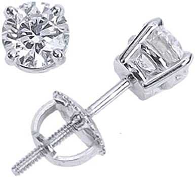 2 Carat 14K White Gold Solitaire Diamond Stud Earrings Round Cut 4 Prong Screw Back (I-J Color, I1-I2 Clarity)