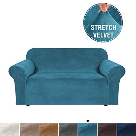 Real Velvet Couch Cover for Sofa High Stretch 1 Piece Furniture Sofa Cover for Loveseat, Durable Soft Velvet Plush Stretch Fabric Thick Slipcover - Peacock Blue, 2 Seater Furniture Covers