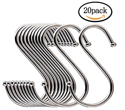 WOVTE Stainless Steel S Shaped Silver Tone Polished Plating Hanging Hooks for Kitchen, Bathroom, Bedroom and Office Pack of 20