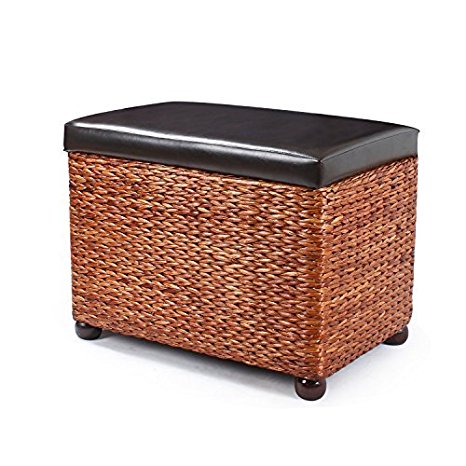ELEGAN Faux Leather Top Lid Storage Ottoman Bench Chair with Bulrush Weave (Rectangle)