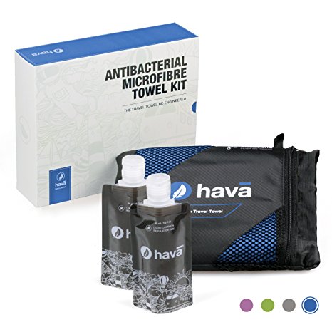 Hava: X-Large Antibacterial Microfibre Travel Towel Kit With Zipped Security Pocket and 2 Flight Approved Liquid Bottles. Ideal for Travel, Using at the Beach, Gym and Camping Trips.