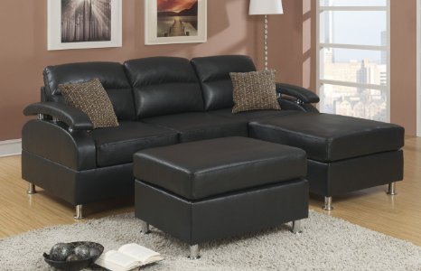 Poundex Bobkona 3-Piece Bonded Leather Sectional Sofa, Ebony