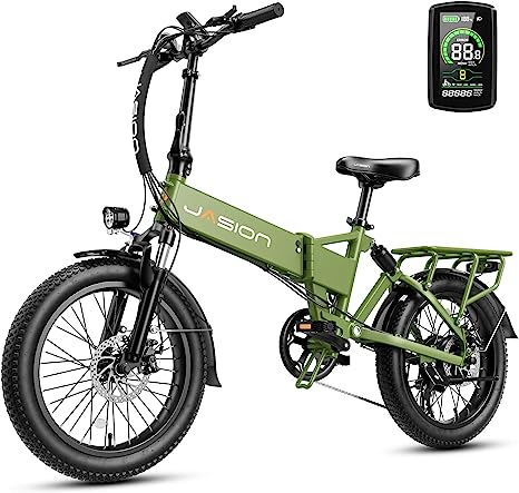 Jasion EB7 2.0 Electric Bike for Adults, 500W Motor 20MPH Max Speed, 48V 10AH Removable Battery, 20" Fat Tire Foldable Electric Bike with Dual Shock Absorber, Shimano 7-Speed Electric Bicycles