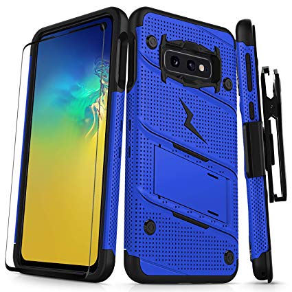 ZIZO Bolt Galaxy S10e Case Heavy-Duty Military Grade Drop Tested Bundle with Tempered Glass Screen Protector Holster and Kickstand Blue Black