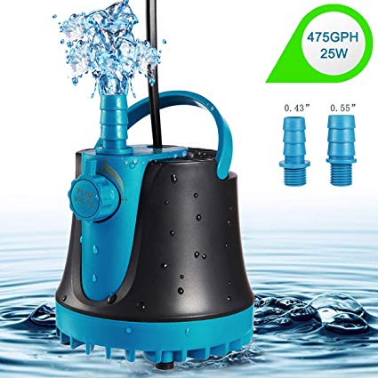 IDREAMO Submersible Water Pump, 475GPH (1800L/H, 25W) Adjustable Ultra Quiet Water Pump for Aquarium, Fish Tank, Pond, Statuary, Hydroponics with 2 Nozzles,5 Feet Power Cord