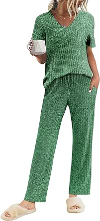 Ekouaer Womens Ribbed Knit Lounge Set Short Sleeve Top and Long Pants Sleepwear Pajama Set Two Piece Matching Outfits Set