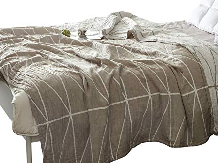 MEJU Stripe Muslin Lightweight Summer Blanket for Bed Sofa Couch, 100% Combed Cotton 4 Layer Soft Warm Quick Dry Throw Blanket Bed Coverlet Sheet (Stripe Grey, Twin 59" X 78")