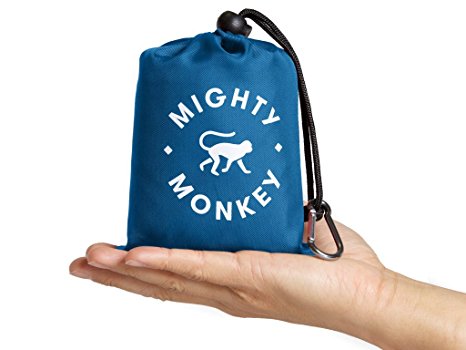 MIGHTY MONKEY Portable Pocket Blanket w/ Corner Pockets, Rain Hood, Zip Pouch, Loops, Storage Bag & Carabiner | Waterproof & Puncture Resistant | 160 x 142 | Beach, Camping, Hiking, Picnics & Outdoors