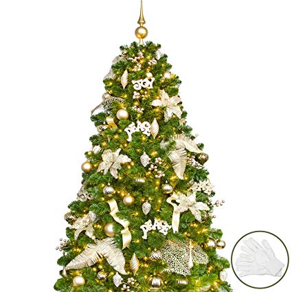 Busybee 6ft Christmas Tree with 240 LEDs Lights and 110pcs Ornaments Pure Champagne Christmas Decorations including Full Artificial Christmas Tree Ornaments and USB LED String Lights