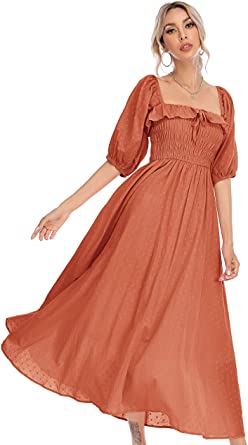 R.Vivimos Women Summer Half Sleeve Cotton Ruffled Vintage Elegant Backless A Line Flowy Long Dresses