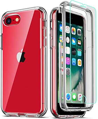 COOLQO Compatible for iPhone SE 2020 Case 4.7 Inch, with [2 x Tempered Glass Screen Protector] Clear 360 Full Body Coverage Hard PC Soft Silicone TPU 3in1 [Military Protective] Shockproof Phone Cover