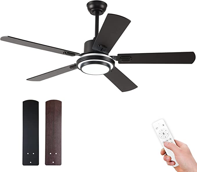 BOOMJOY 52 Inch Ceiling Fans with Lights and Remote Control Outdoor Modern Black Ceiling Fan LED Bright Light for Indoor Living Room Bedroom Farmhouse Patios Garage Gazebo DC Motor Dual 5 Wood Blades