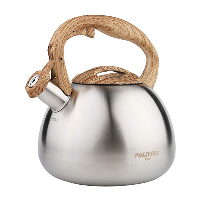 POLIVIAR Tea Kettle, 2.7 Quart Silver Ti Teapot Stovetop, Loud Whistling Kettle for Tea and Coffee, Food Grade Stainless Steel for No-Rust and Anti-Hot Handle, Suitable for All Heat Sour (JX2018-MS20)