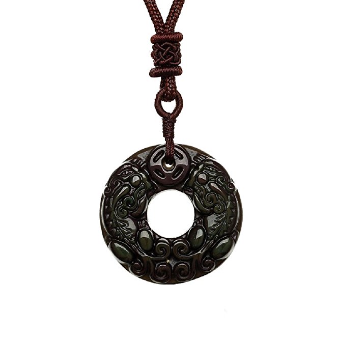 AmorWing Natural Black Obsidian/Ice Obsidian/Red Agate Pendant Pixiu Engraving Necklace