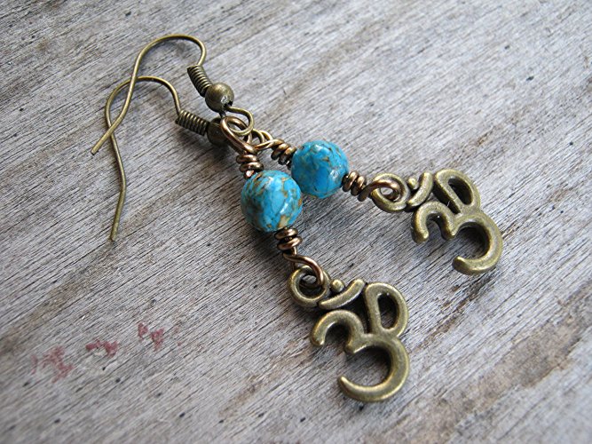 Turquoise Om Earrings, Buddhist Earrings, Composite Turquoise Jewelry, Antiqued BRONZE and blue Boho Yoga Earrings