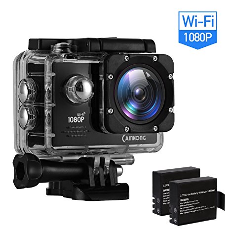 CAMKONG Action Cam Action Camera Sport Waterproof Camera 1080P 14MP Wi-Fi 2.0'' LCD Screen Full HD 170° Wide-Angle Lens with Dual 1050mAh Batteries