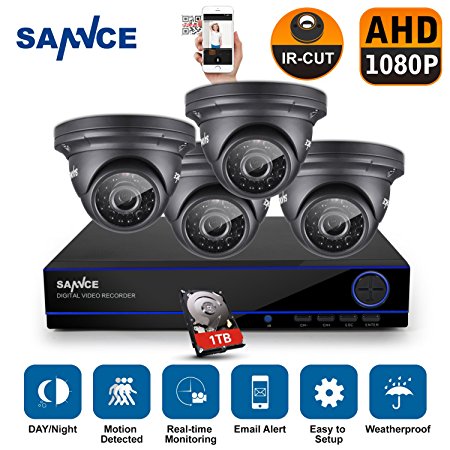 [New 1920TVL] SANNCE 4H 1080P CCTV DVR Recorder   4 HD 1920*1080P In/Outdoor Security Camera System & 1TB HDD Included (100ft super night vision, IP66 Weatherproof, Motion Detection)