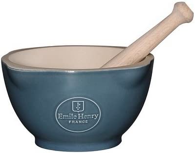 Emile Henry Made In France Mortar and Pestle, Blue Flame