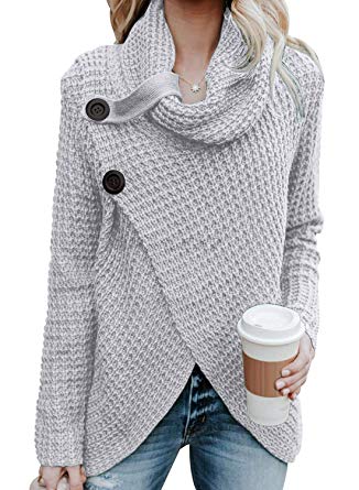 Asvivid Women's Chunky Turtle Cowl Neck Asymmetric Hem Wrap Sweater Coat with Button Details