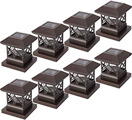 Twinsluxes Fence Post Cap Light, LED Solar Lights for Deck Posts, Solar Post Caps Light Outdoor for 3.5x3.5/4x4/5x5 Posts, Wood or Vinyl Fence Deck Post, Warm Light (Brown) (8 Pack)