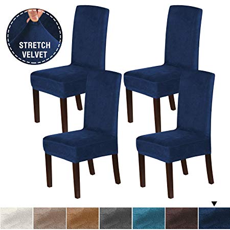 H.VERSAILTEX 4PCS Real Velvet Dining Room Chair Slipcovers Super Stretch Spill Resistant Removable Washable Anti-Dust High Dining Chair Protectors Slipcovers Dining Chair Covers(Navy)