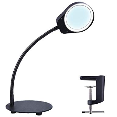 PSIVEN LED Magnifier Lamp, Dimmable Magnifying Desk Lamp/Task Light with Clamp (Stepless Dimming, 5X Magnifying Glass Lens, Dust Cover) 2 in 1 Clamp Table & Desk Lamp for Reading, Craft, Soldering