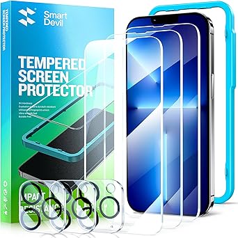 SmartDevil 3 Pack Screen Protector for iPhone 13 Pro with 3-Pack Camera Lens Protector, 9H Clear Tempered Glass Film [Military Grade Shatterproof], Alignment Frame [Easy Installation]